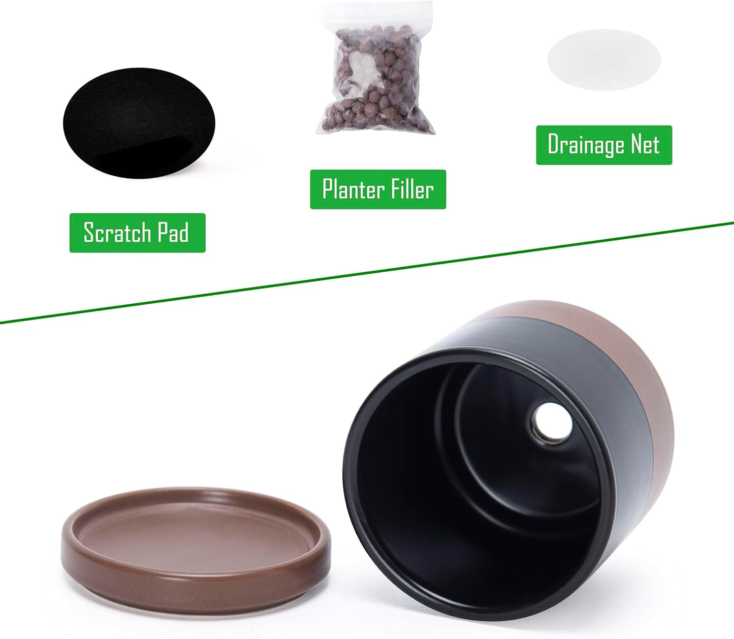 D'vine Dev 3.5 Inch Ceramic Planter Pot with Drainage Hole and Saucer, Indoor Cylinder Round Planter Pot, Black/Speckled Tan, 94-O-A-7