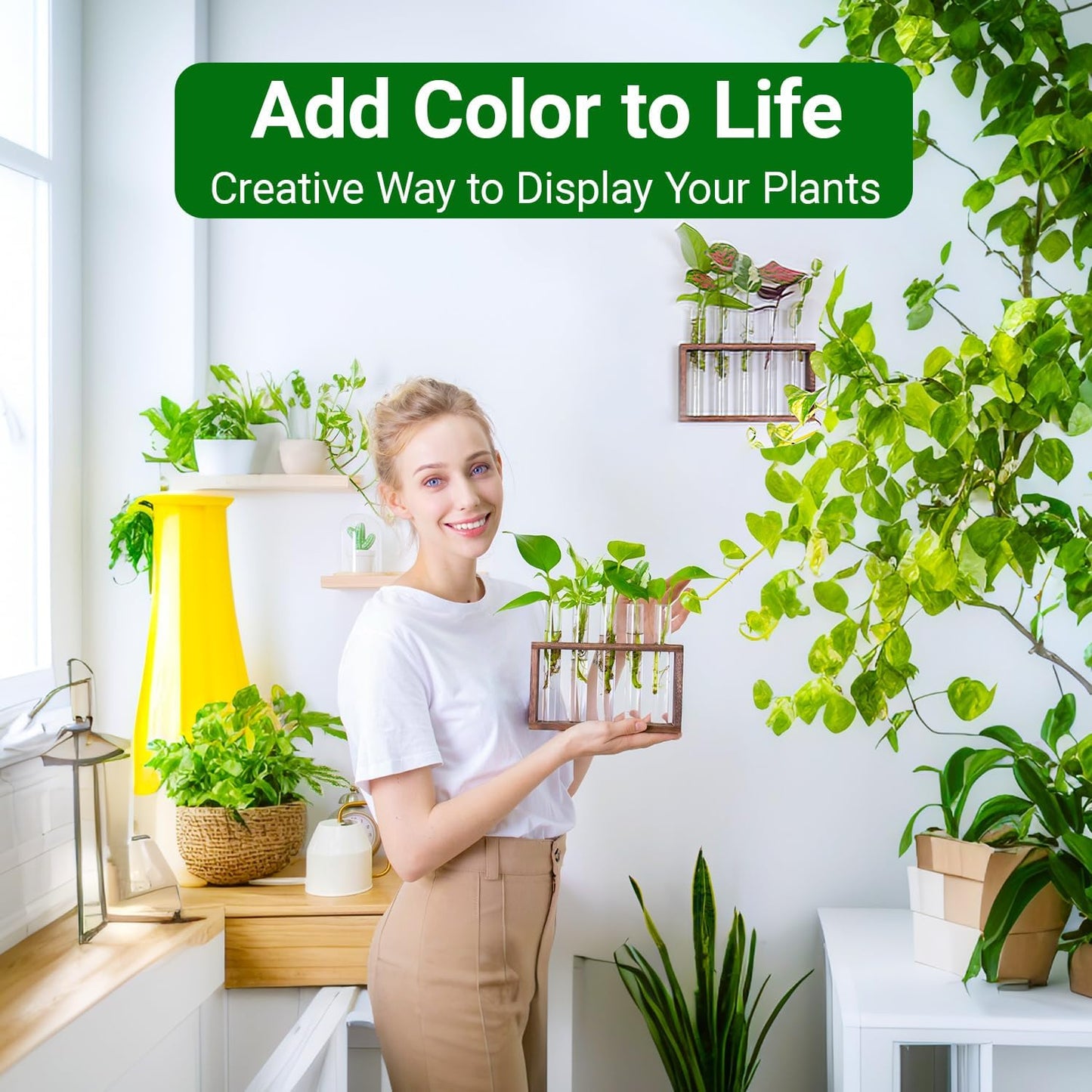 Ivolador Plant Propagation Station Terrariumin Wall Test Tube Vases Bud Tabletop Glass Wooden Stand with 5 Propagation Tubes for Propagating Hydroponic Plants Home Garden Wedding Decoration-Brown