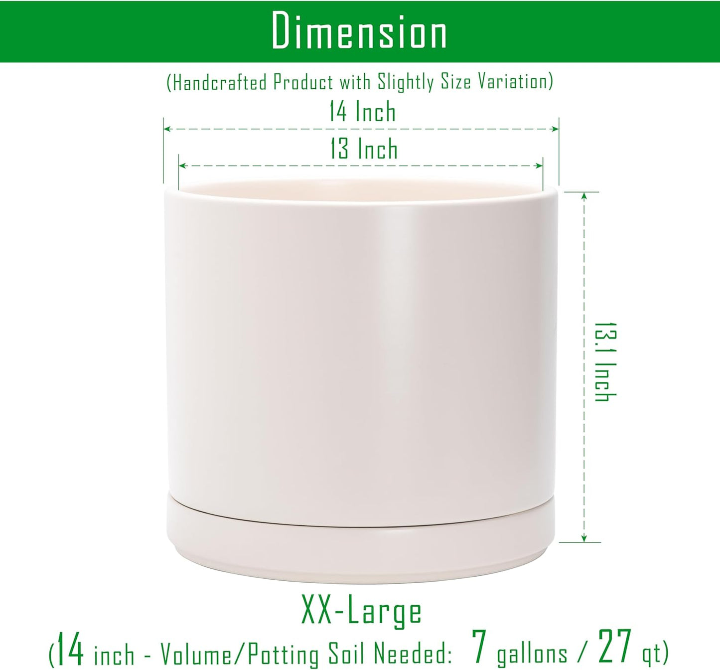 D'vine Dev 14 Inch Ceramic Planter Pot with Drainage Hole and Saucer, Indoor Cylinder Round Planter Pot, Oatmeal, 94-O-G-8