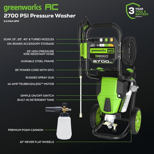 Greenworks 2700 PSI Pressure Washer (2.3 GPM Max) with Foam Cannon - Powerful Enough to Remove Pesky Dirt and Grime on Siding, Fences, Patios, Driveways, and Sidewalks