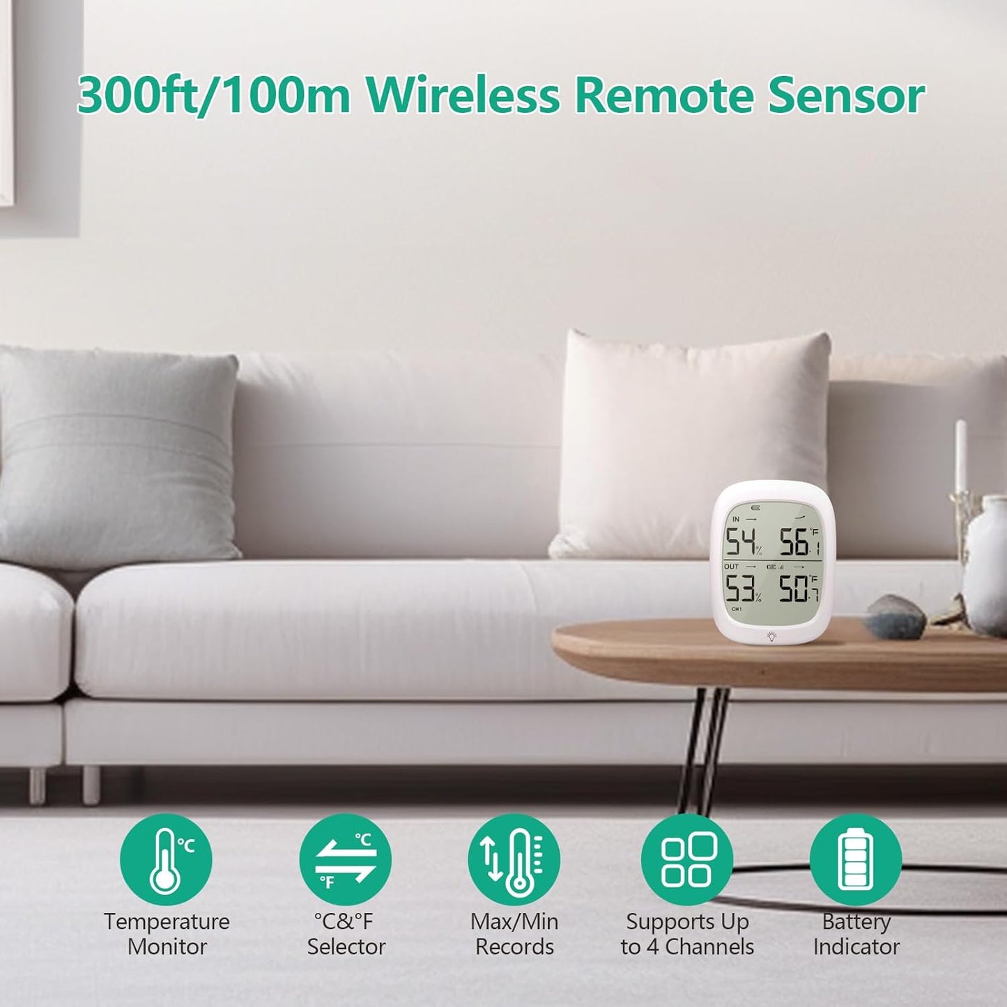 Indoor Outdoor Thermometer Wireless, Outside Digital Thermometer Humidity with IP66 Waterproof Sensor, LCD Backlight, Max/Min Trend, Wireless Humidity Gauge for Home Room Greenhouse,Patio