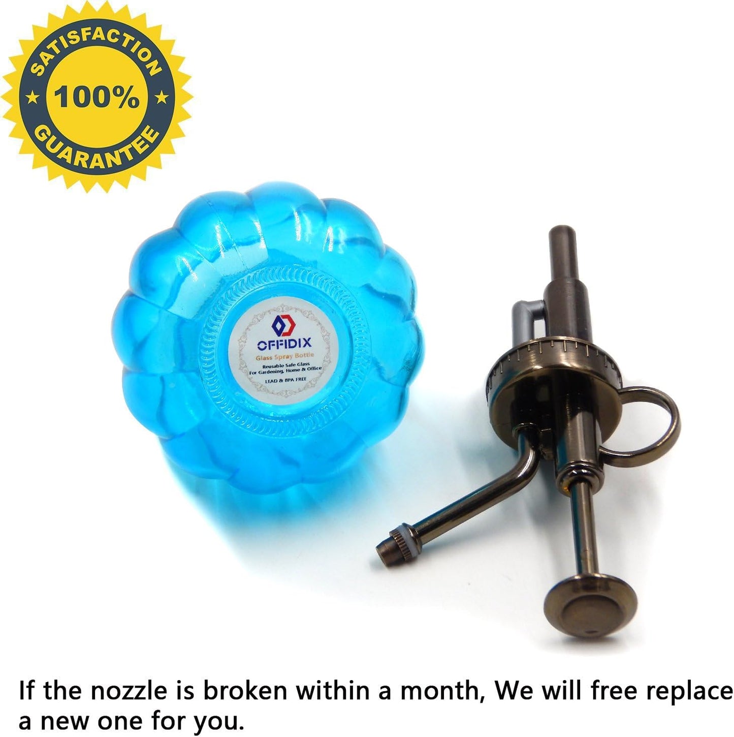 OFFIDIX Glass Watering Spray Bottle, 6.3" Tall Vintage Style with Bronze Plastic Top Pump One Hand Watering Can Spray Bottle (Light Blue)