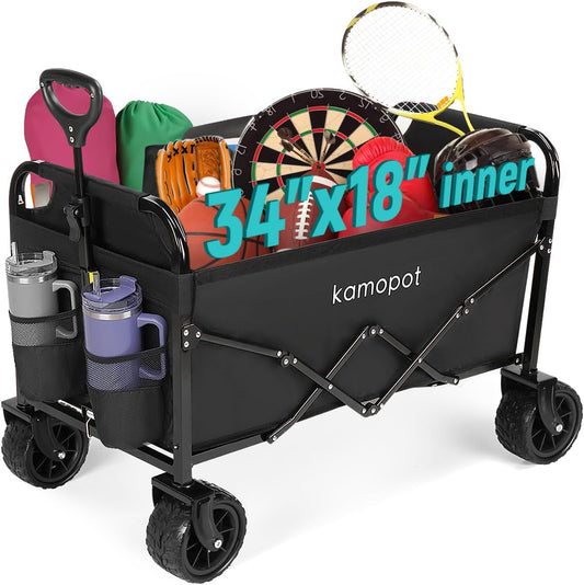 Large Collapsible Wagon Foldable for Beach, Yard, Grocery, Park, 34" x 18" Inner Storage. 300lb Heavy Duty Folding Utility Wagon on Big Wheels for Sand, Durable w/Cupholders