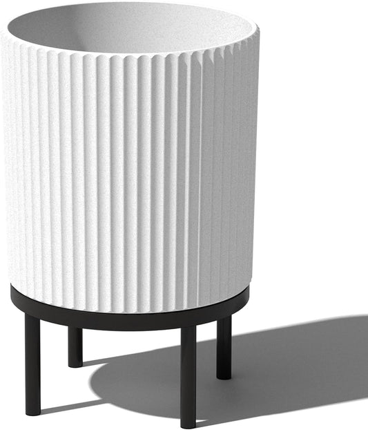 Veradek Demi Series Round Planter w/ Stand for Porch/Patio | Durable Plastic-Concrete & Wooden Stand | Modern Décor for Tall Plants, Flowers