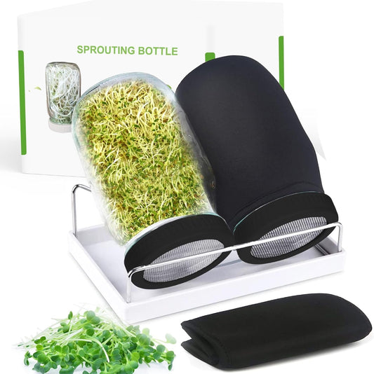Organic Seed Sprouting Jar Kit – 2 × 32 oz Wide-Mouth Mason Jars with Stainless-Steel Sprouter Lids & Stand, Blackout Sleeves, Drain Tray – Grow Broccoli, Alfalfa & Bean Microgreens