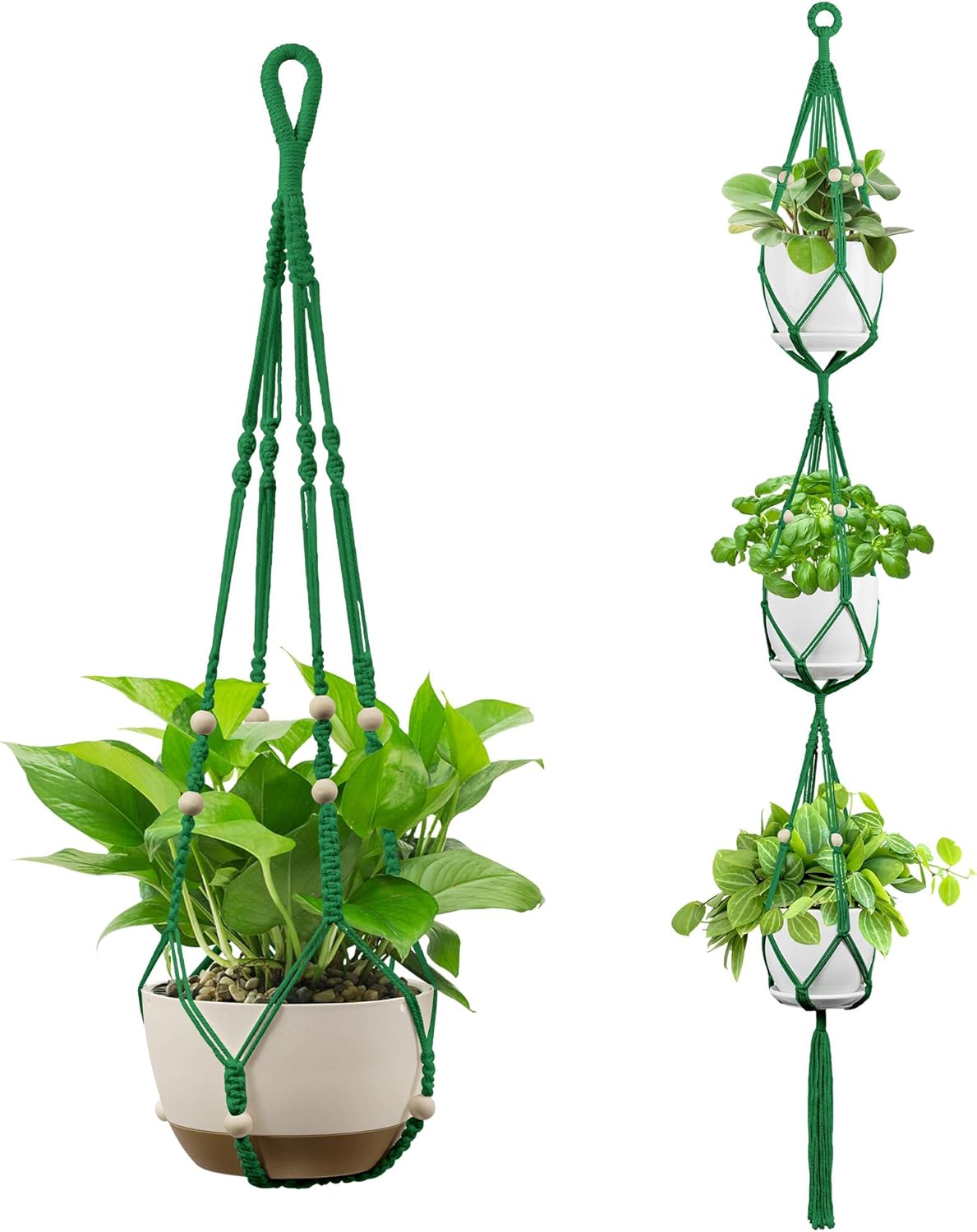 USLAI Macrame Plant Hanger Indoor Outdoor, Up to 4-15 inch Pot, Heavy 20lb Planters, Extra Long Strong Hanging Planter Basket Holder, Boho Home Decor, 35+72 Inch, Green (POTS NOT Included)