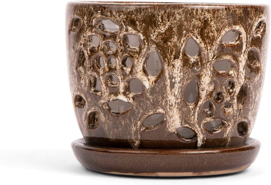 rePotme Orchid Pot - 5 inch Floral Cutout Ceramic Orchid Pot with Holes (Creamy Chestnut) - Includes 5 inch Slotted Pot Liner