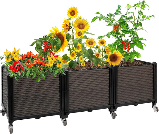 Raised Plant Box with Wheels 47.2"x15.7"x16.1", Raised Beds for Gardening Self Watering, Durable Metal Lockable Casters, Rectangular Garden Planter Perfect for Garden Patio Balcony Deck