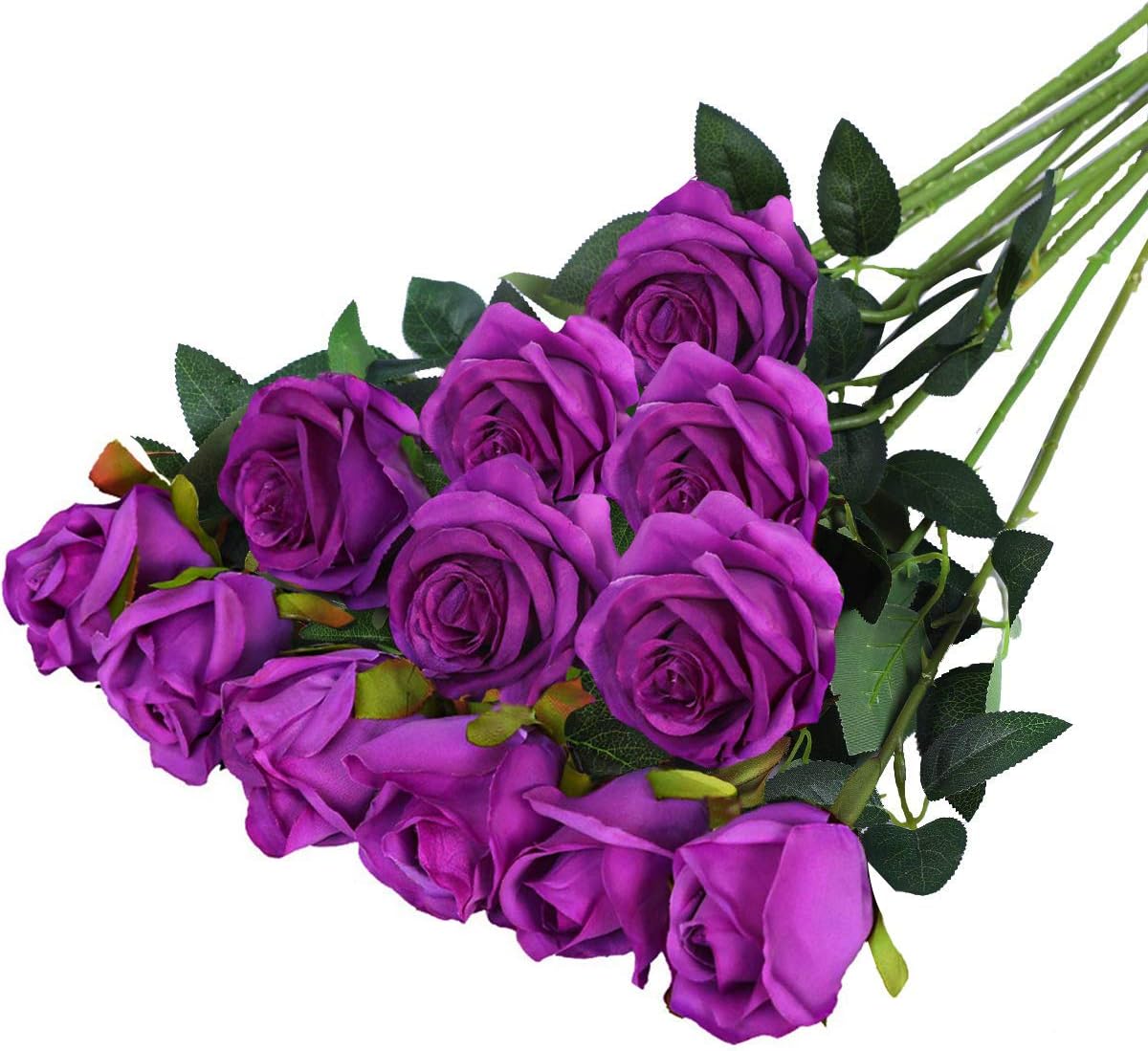 Hawesome 12PCS Artificial Silk Flowers Realistic Roses Bouquet Long Stem for Home Wedding Decoration Party (Purple 1)