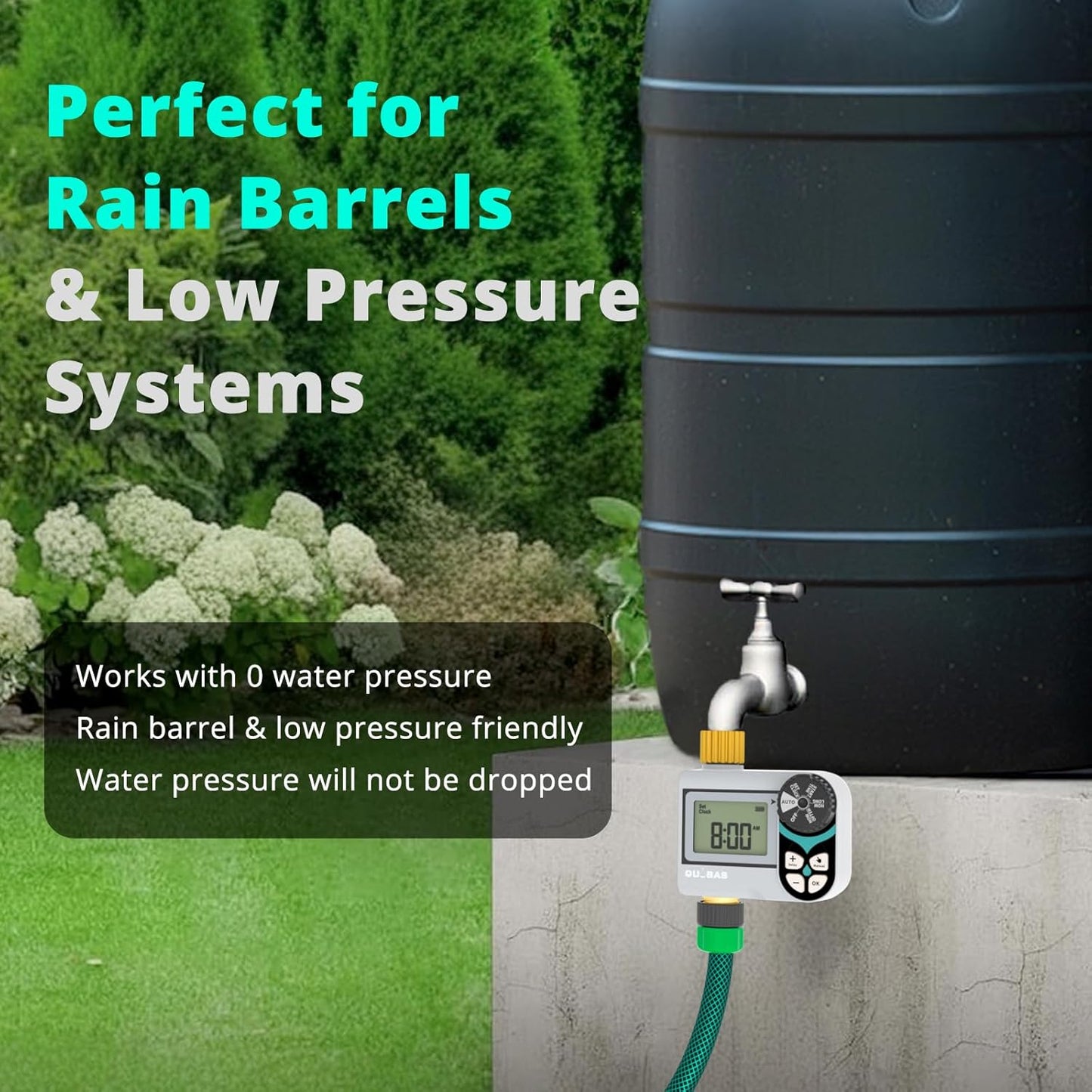 QUOBAS Low Pressure Sprinkler Timer with Brass Inlet & Outlet, Water Timer for Garden Hose, Rain Delay, Manual/Automatic Watering, Ball Valve System Compatible with Rain Barrel