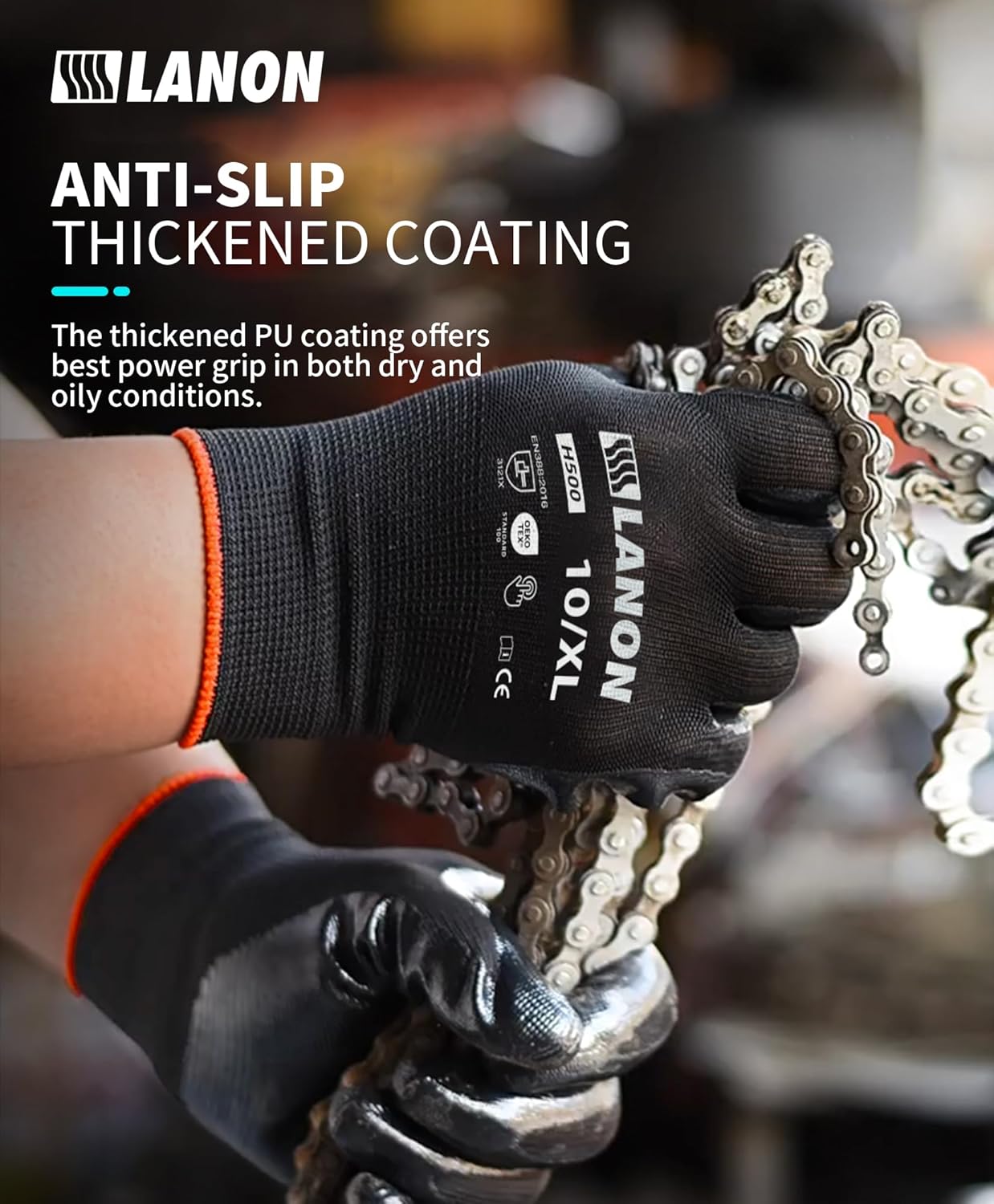 LANON Safety Work Gloves for Men and Women, 18 Pairs Mechanic Black Working Gloves with Grip Odorless PU Coated, Seamless Knit, Full Fingertip Touchscreen for Light Duty Working Gloves, XXL