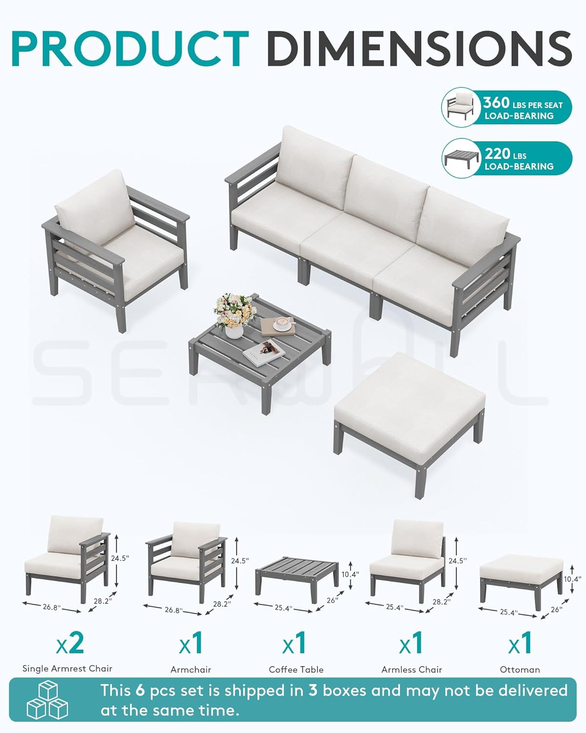 SERWALL HDPE Patio Furniture Set, 6 Pieces Outdoor Sectional Sofa Set, All-Weather Wood-Like Outdoor Sofa Couch with Coffee Table for Deck, Lawn, Grey Frame with Khaki Cushion