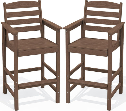 SERWALL Tall Adirondack Chairs Set of 2, Oversize Balcony Adirondack Chairs Set, Outdoor Bar Height Barstools Widened Chair Set for Bistro, Poolside, Garden, Brown