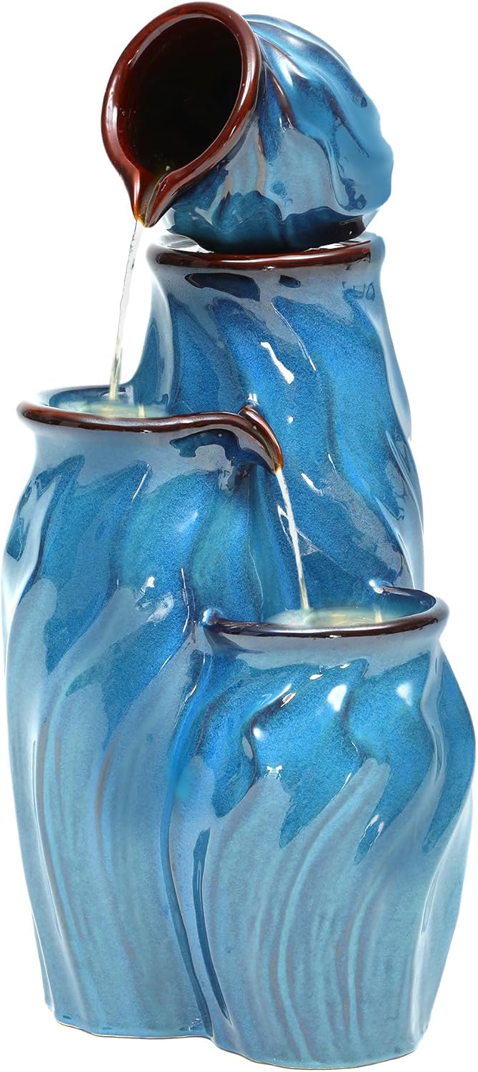 29" Tall Ceramic Outdoor Water Fountain with LED Lights, 4-Tier Cascading Jars Water Feature, Tranquil Waterfall for Relaxing Garden, Patio, Yard, or Porch, Turquoise, Dynamic Wave-Texture