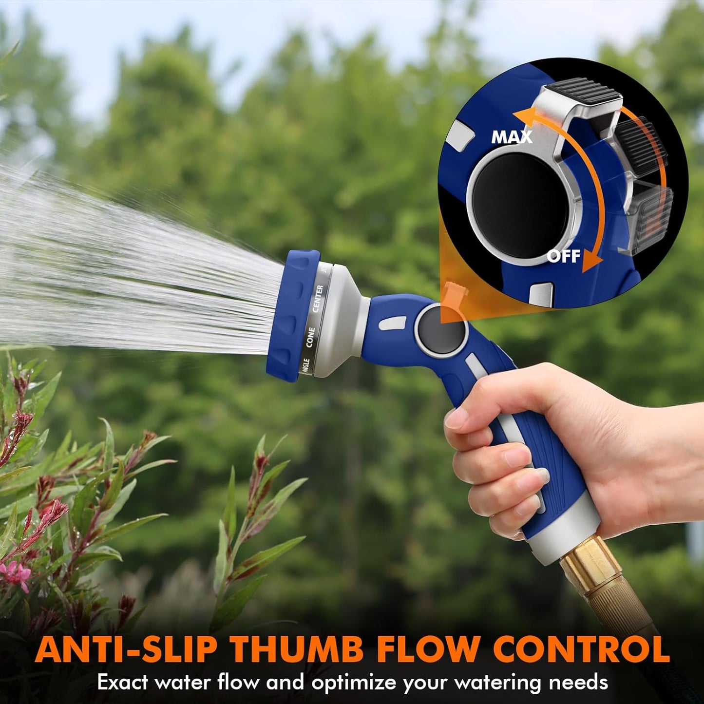 RESTMO Hose Nozzle Heavy Duty, Metal Water Hose Sprayer for Garden, 9 Spray Patterns | High Pressure | Thumb Flow Control | On/Off Valve, Ideal for Lawn & Plant Watering, Car & Pet Washing, Blue
