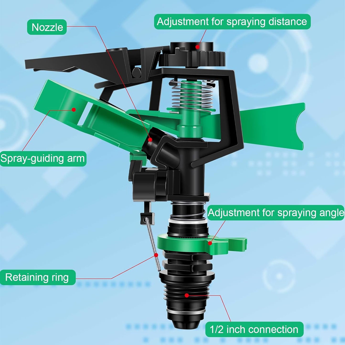 1/2 Inch Plastic Impact Sprinklers Heads Adjustable 0-360 Degree Pulsating Oscillating Watering Sprinkler Head for Garden Law Grass Yard Irrigation Supplies (4 Pieces)