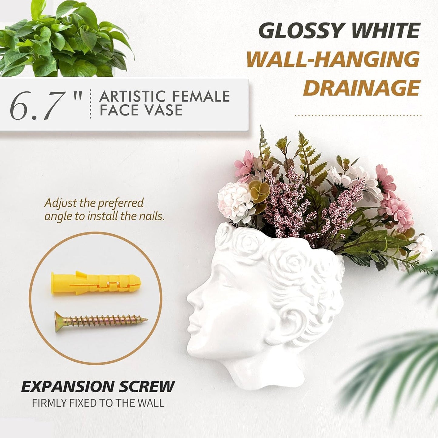 Side-Face Ceramic Planter – Glossy White, Wall-Hanging, with Drainage – 6.7"" Artistic Female Face Vase