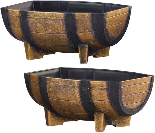 Collections Etc Rustic Half Barrel Planters - Set of 2, Weather Resistant Decorative Accent with Removable Drain Screen