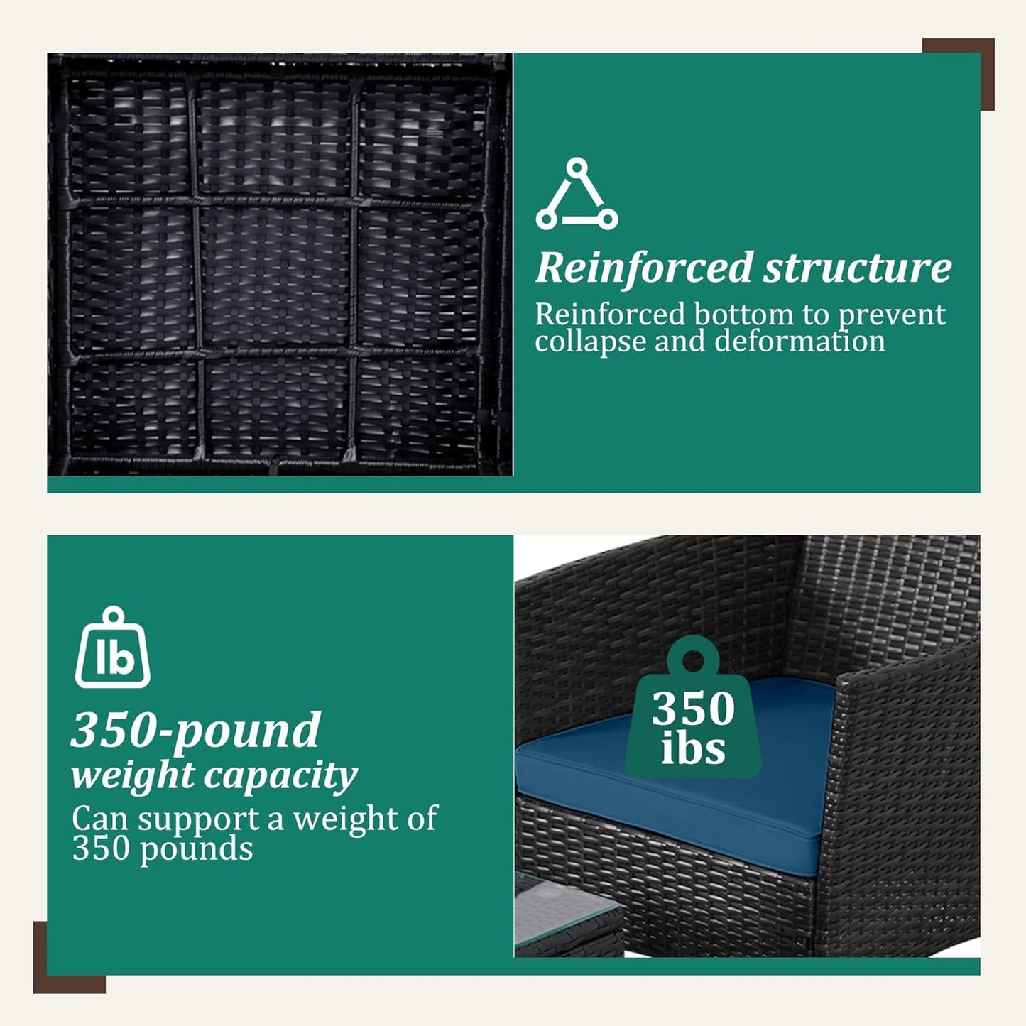 3 Piece Patio Furniture Set - Outdoor Conversation Sets with Coffee Table, Rattan Chair Set for Garden/Poolside, Coffee/Blue