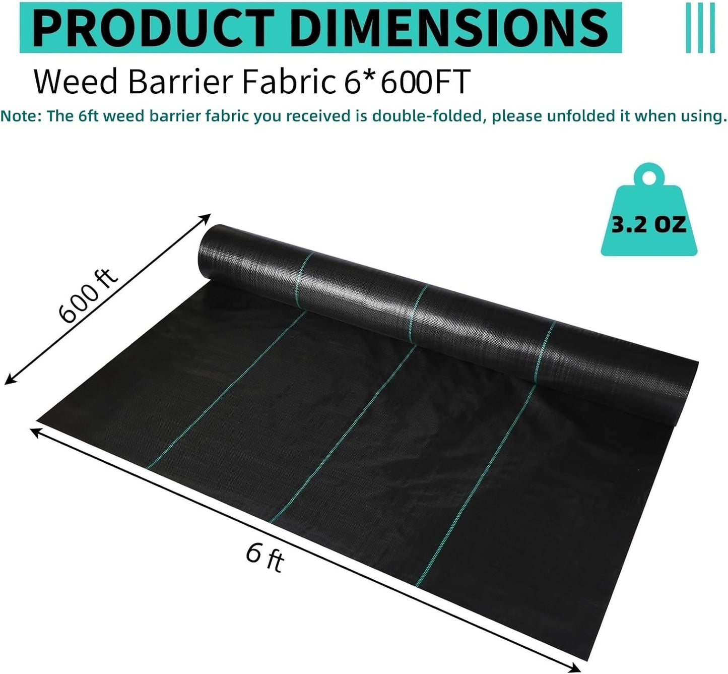 6ftx600ft Heavy Duty Weed Barrier Landscape Fabric – Durable Woven Driveway Garden Cloth for Weed Control, Ground Cover, Landscaping – Long-Lasting Geotextile Fabric – 3.2oz