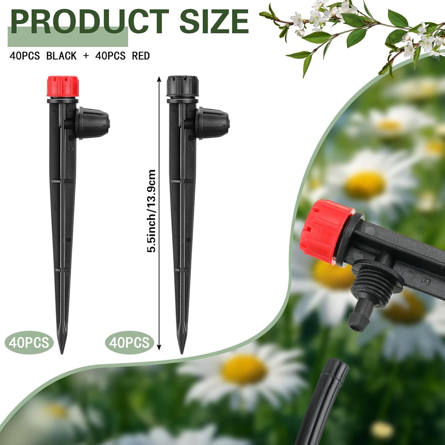 80 Pcs Drip Irrigation Emitters with Adjustable 360 Degree Water Flow Drippers for 1/4 Tubing Sprayer on 5.5 Arrow Stake for Garden System(Red, Black,Eight Hole Nozzle)