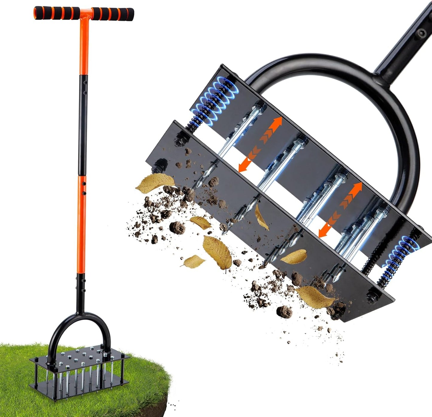 Bluesea Lawn Aerator Tool - 16 Iron Spikes with Ergonomic T-Handle, Automatic Dirt Clean for Soil Loosening & Yard Aeration, Manual Metal Grass Aerator (Black - Orange)