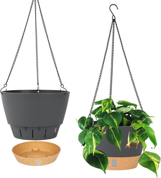 QCQHDU 2 Pack Hanging Planters for Indoor Outdoor Plants, 10 Inch Hanging Baskets Flower Pots with Reservoir Tray & Visible Water-Level