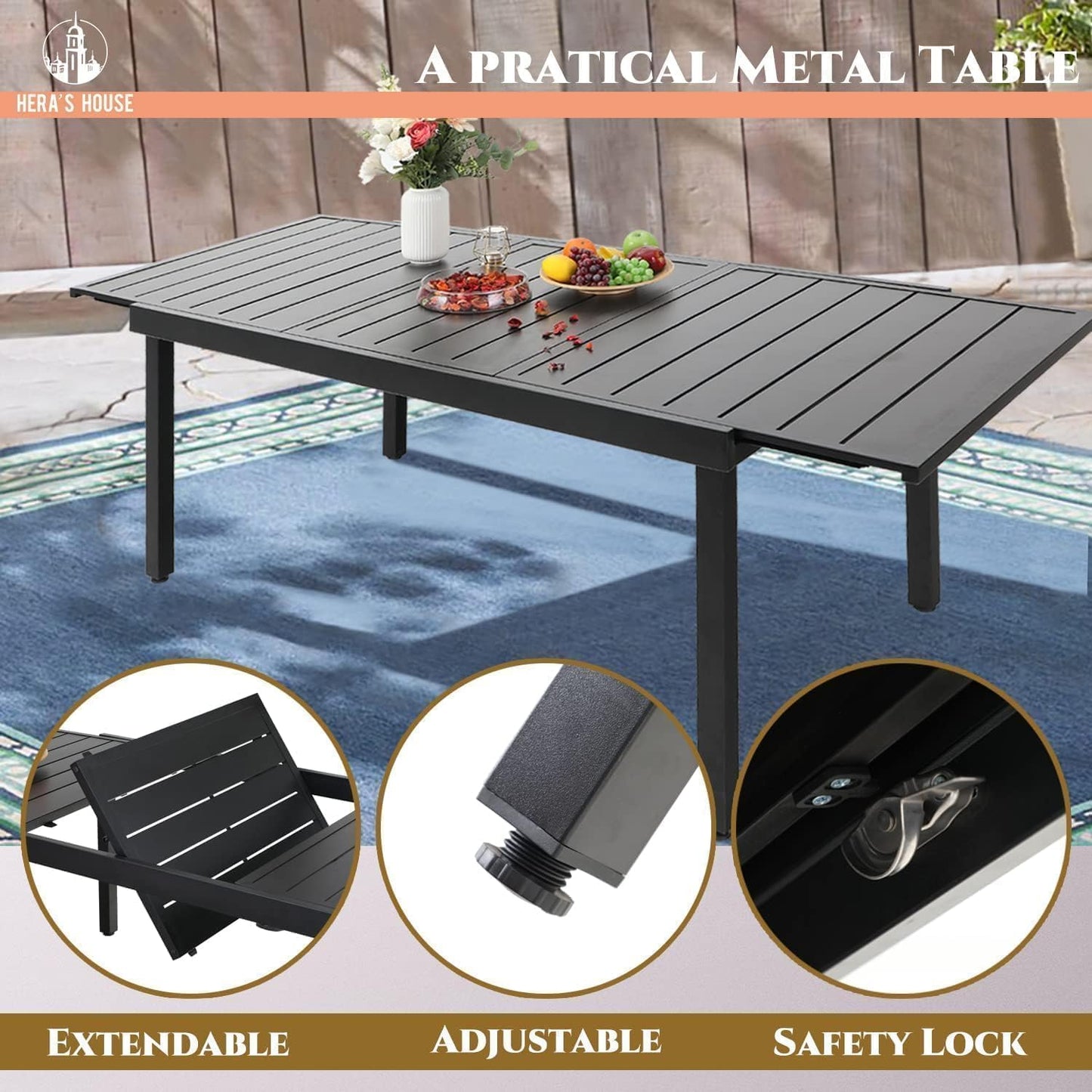 HERA'S HOUSE 9 Pieces Outdoor Table and Chairs Set, 8 x Patio Chairs and 1 x Extendable Metal Dining Table for Lawn Garden Backyard Deck