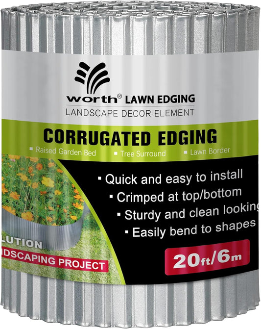 Worth Narrow-Corrugated Garden Edging, 6" x20Ft Sturdy Galvanized Steel Landscape Edging Bendable Metal Lawn Long Strips of Garden Border for Raised Flower Bed Tree Surrounds, Silver