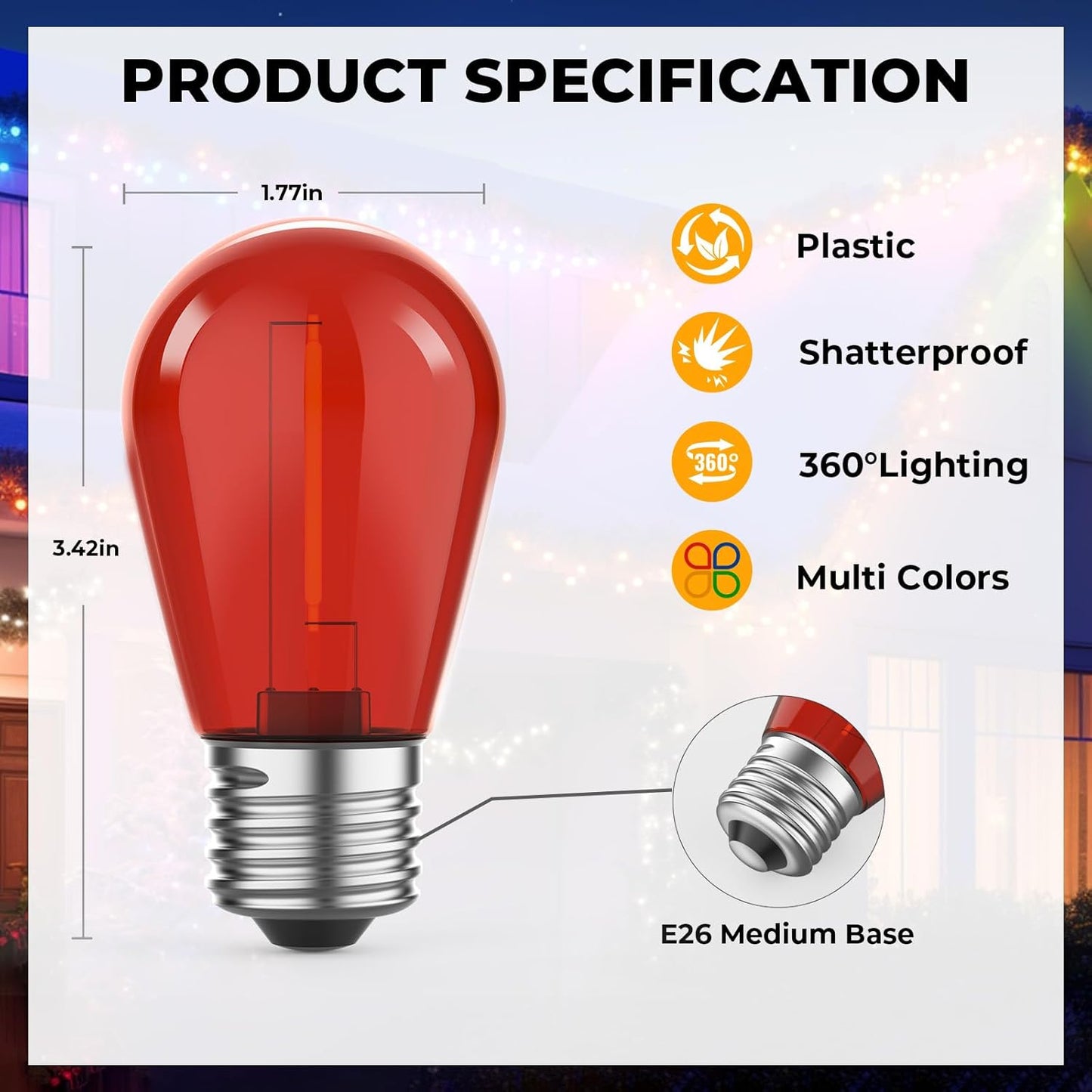 24 Pack LED S14 Colored Light Bulbs for Outdoor String Lights, Shatterproof 1W Replacement Bulbs for Patio Lights, Dimmable, 2200K Warm White, E26 Base, Multi-Color: Red/Blue/Yellow/Green