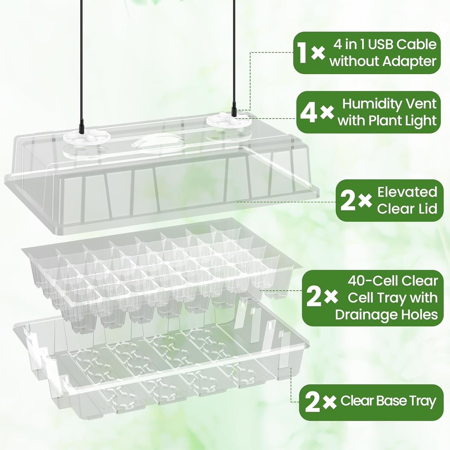 Bonviee 2-Pack Seed Starter Tray with Plant Light, Elevated Seedling Starter Trays Kits with Adjustable Humidity Domes and Clear Cell Tray, 12 Full Spectrum Led Lamp Beads for Plants Indoor-Clear