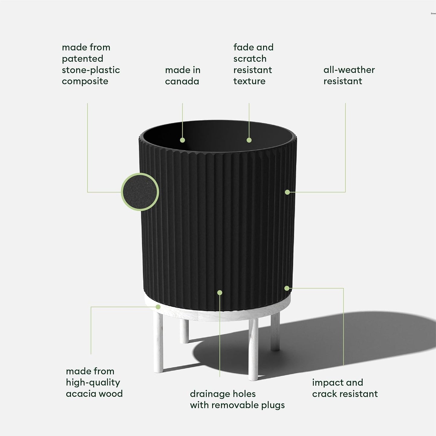 Veradek Demi Series Round Planter w/Stand for Porch/Patio | Durable Plastic-Stone Composite & Wooden Stand | Modern Décor for Tall Plants, Flowers