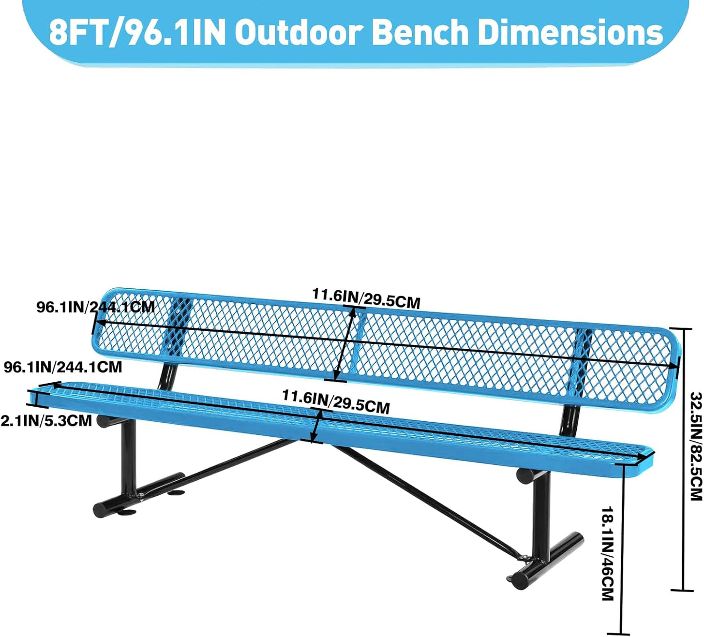 8Ft Outdoor Bench with Back Portable Frame, Outdoor Steel Park Bench with Backrest, Expanded Metal Mesh Bench for Outside, Lawn, Backyard, Park, Garden, Patio, Porch, Blue