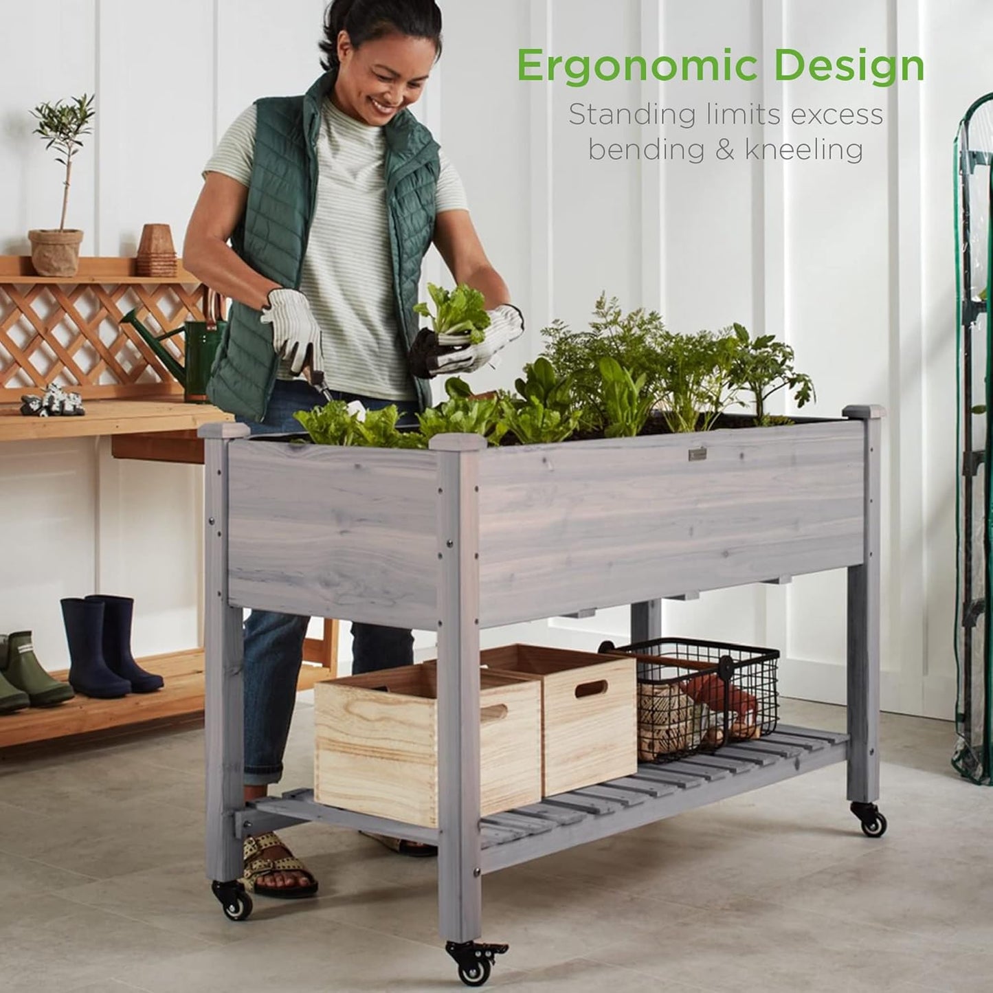 Best Choice Products Raised Garden Bed 48x24x32-inch Mobile Elevated Wood Planter w/Lockable Wheels, Storage Shelf, Protective Liner - Gray