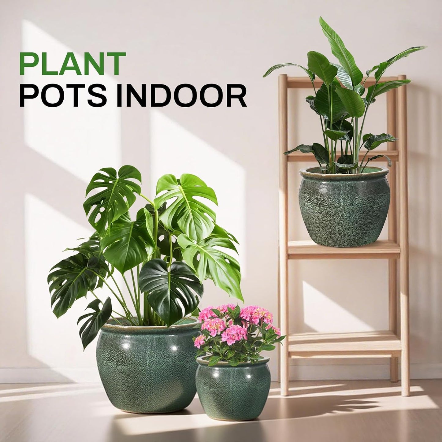 Ceramic Plant Pots Set of 3,9+11.6+14.6 Inch Flower Planters with Drainage Holes Indoor Outdoor, 19.8/8.7/3.8 Qt Capacity, Green Speckled Glaze