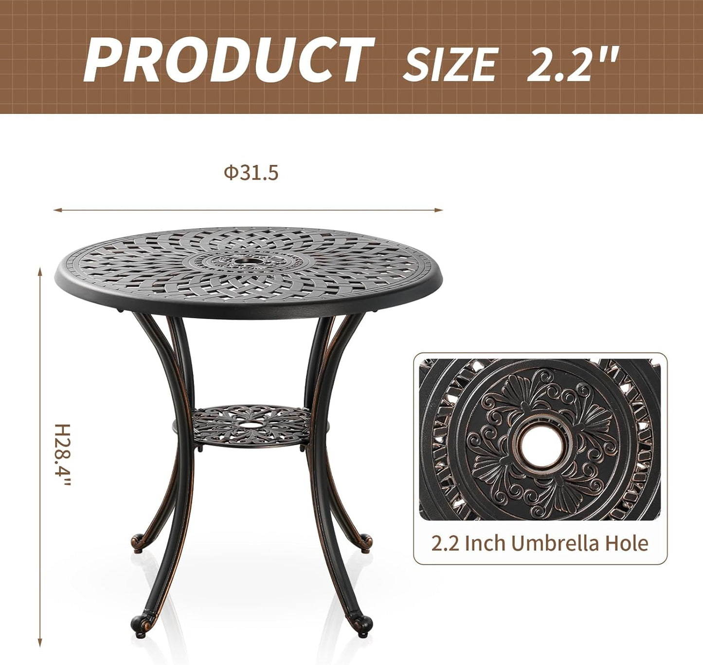 31.5" Cast Aluminum Patio Table with 2.2" Umbrella Hole,Anti-Rust Outdoor Patio Dining Tables,Round Metal Patio Table for Indoor,Garden,Porch,Bronze