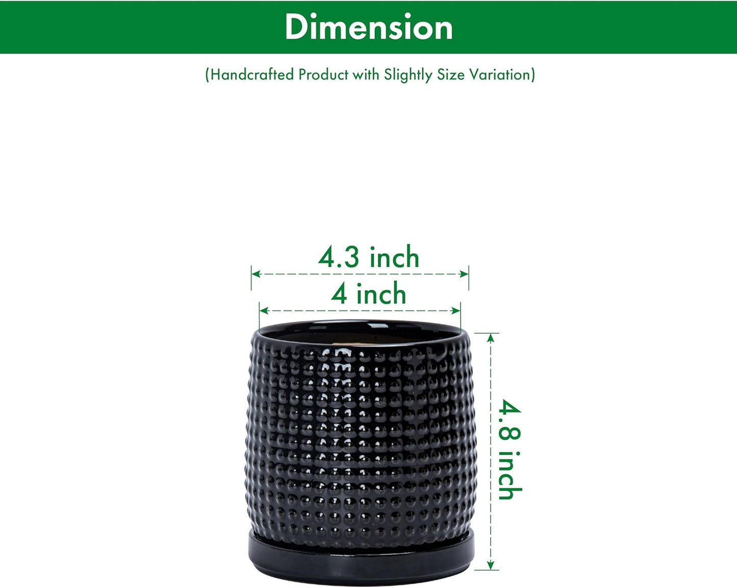 D'vine Dev 4 Inch Ceramic Beaded Stoneware Planter Pot - Flower Pot with Drainage Holes and Saucers for Indoor Succulent Plants or Flowers, Glossy Black, 27-C-Z-2