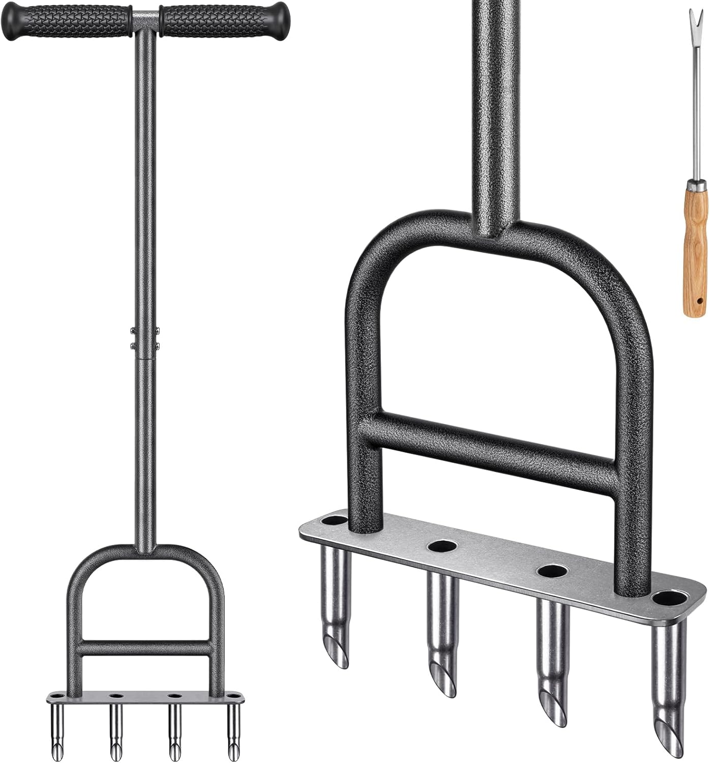 Dolibest Lawn Coring Aerator, Manual Lawn Aerator, 4 Stainless Stee Corer Plug Aerator with Soft Rubber Grip, Pre-Assembled Manual Grass Aerating Tool & Cleaning Hand Tool for Improving Lawn Health