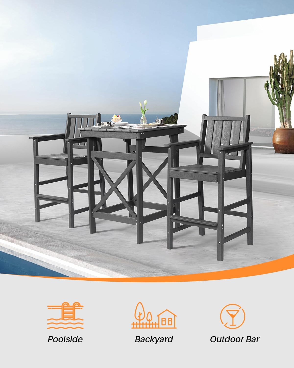 HDPE Outdoor Bar Table, 41" Adirondack Outdoor Bar Height Table, All Weather HDPE Patio High Top Pub Table, Square HDPE Patio Bar Tables for Balcony, Deck, Backyard, Poolside, Smoke Gray