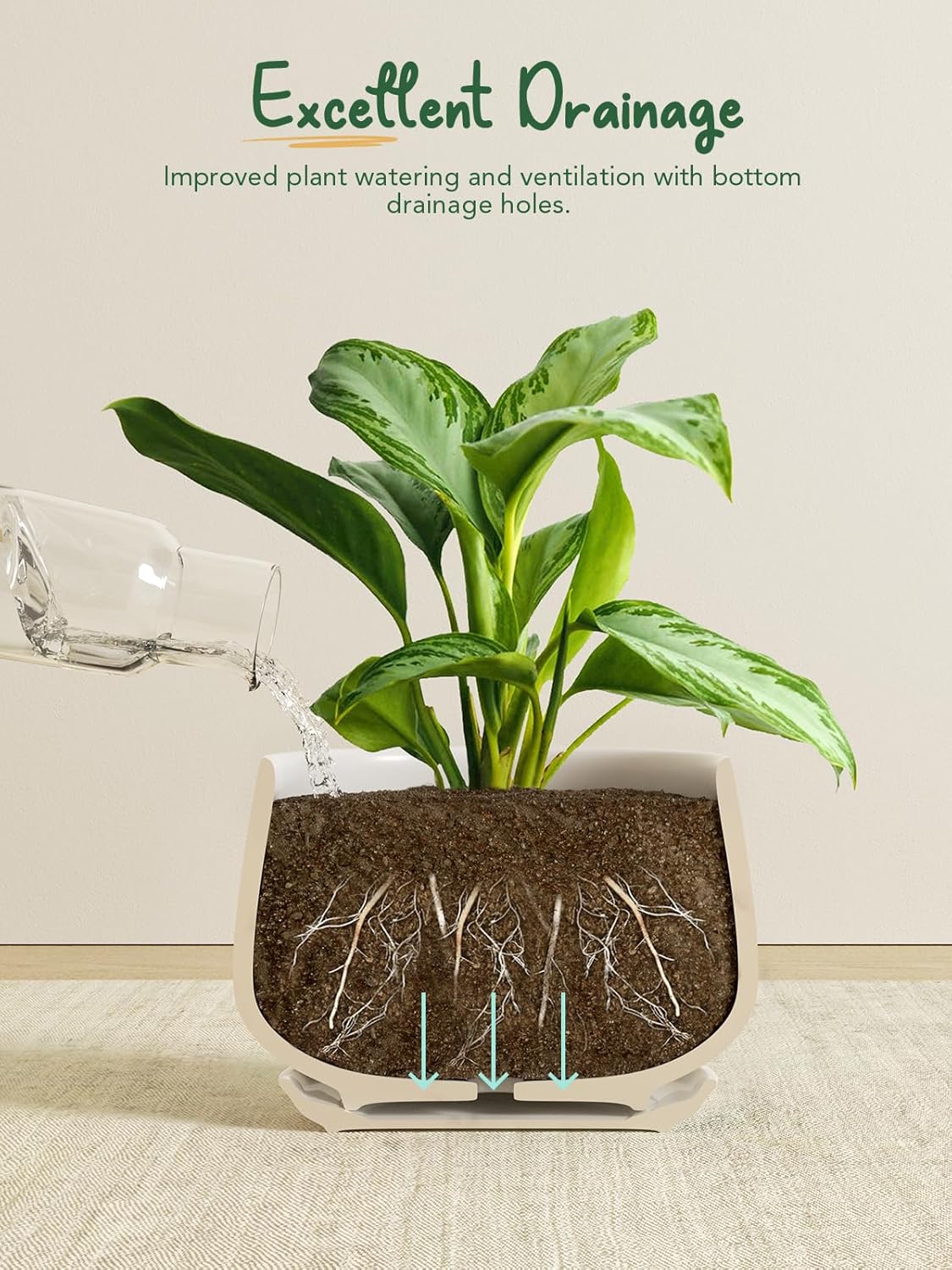 LE TAUCI Ceramic Plant Pots, 4.1+5.1+6.5 inch, Set of 3, Planters with Drainage Hole and Saucer, Indoor Flower Pot with Hole Mesh Pad, Gifts for Mom, White