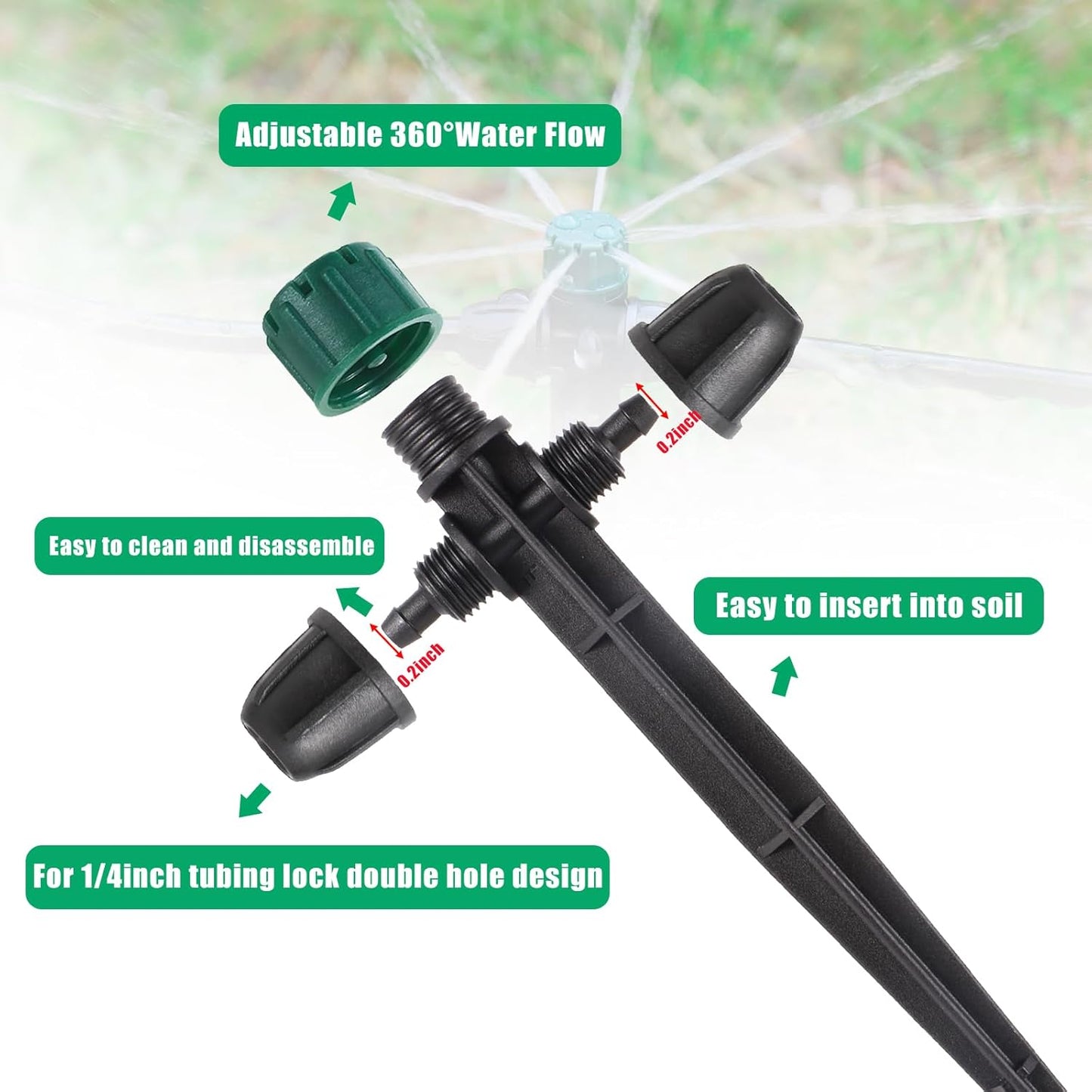 Anti-Drop Drip Irrigation Emitters for 1/4" Irrigation Tubing,Double Hole Design Adjustable 360 Degree Drip Emitters on 6.5" Stake for Garden Irrigation Watering System(25pc-Green drip)