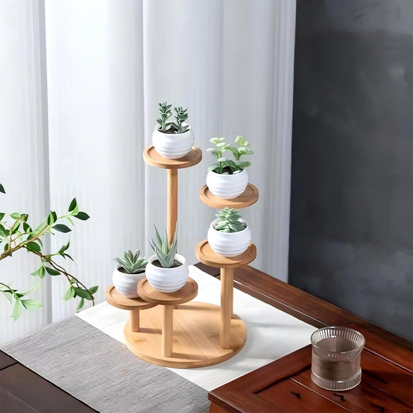 5 Tiered Desk Plant Stand Round Bamboo Plant Shelf Tabletop Succulent Herb Stand Desktop Plant Stand Indoor Plant Rack for in Living Room Office Decoration - Small