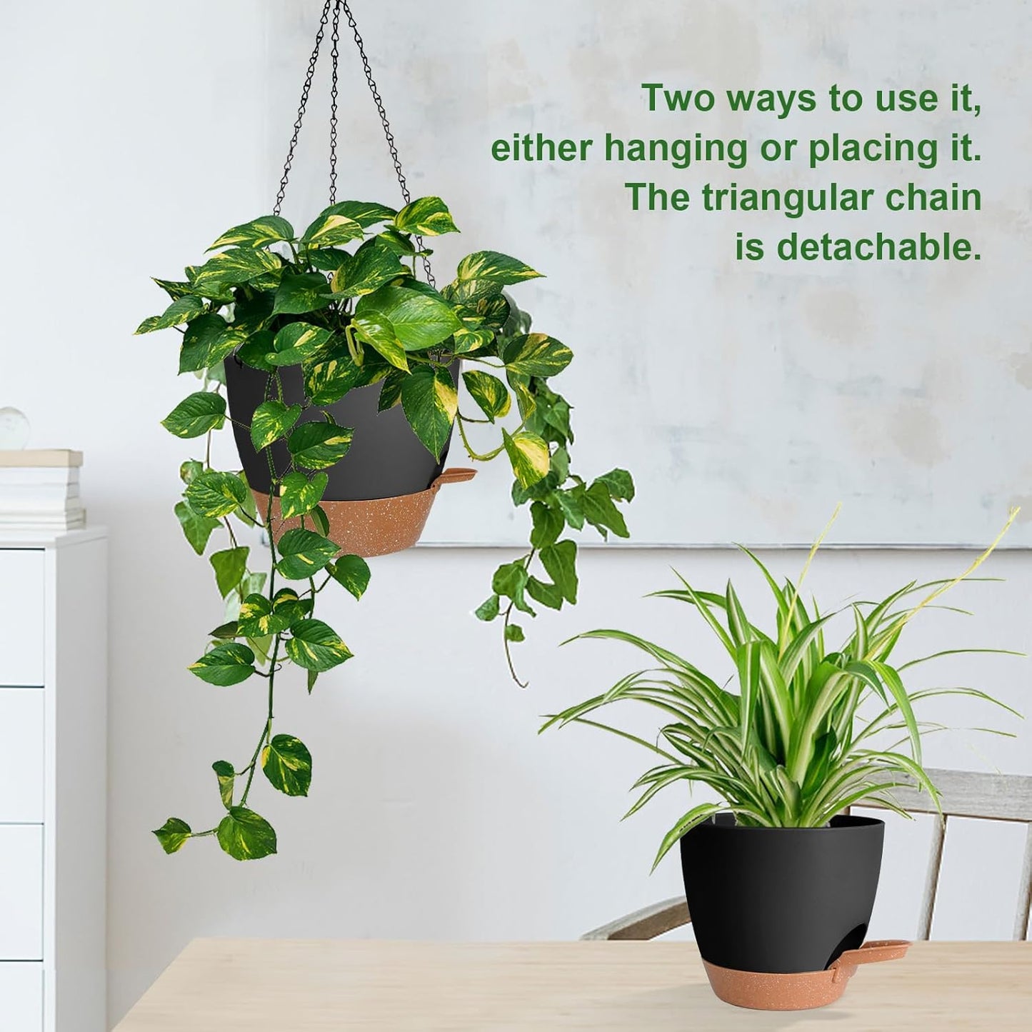 10/9/8 Inch Hanging Planter for Indoor Outdoor Plants, 3 Pack Self-Watering Hanging Pot with Drainage Holes Hanging Planter Baskets Plant Pots with Removable Tray (Black+Brown)