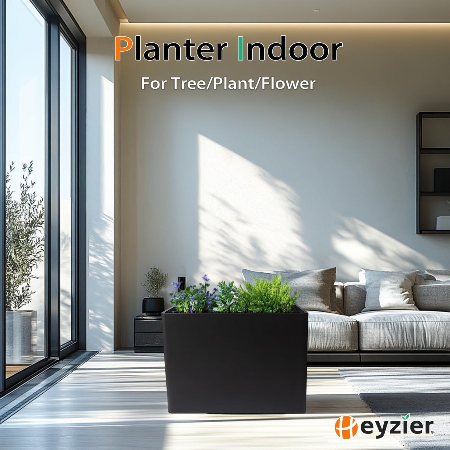 Rectangular Planter Box for Outdoor Plants, Large Tall Resin Garden Pots for Front Porch, Patio, Indoor (Black, 25 x 21 inch)