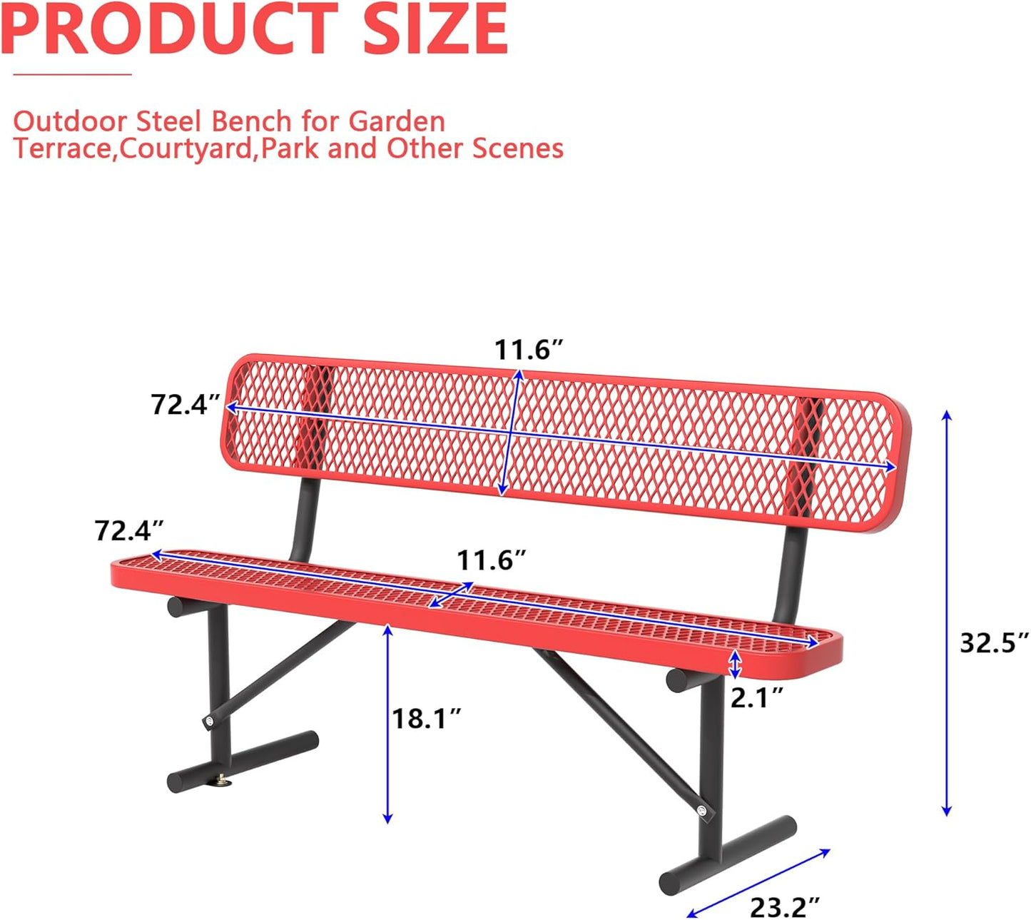 Heavy Duty Park Bench with Back Portable Frame, Outdoor Steel Bench with Backrest, Red Metal Bench Seat Expanded Metal Mesh Bench for Lawn, Park, Deck, Garden, Patio, Porch, Black (Red, 6FT)