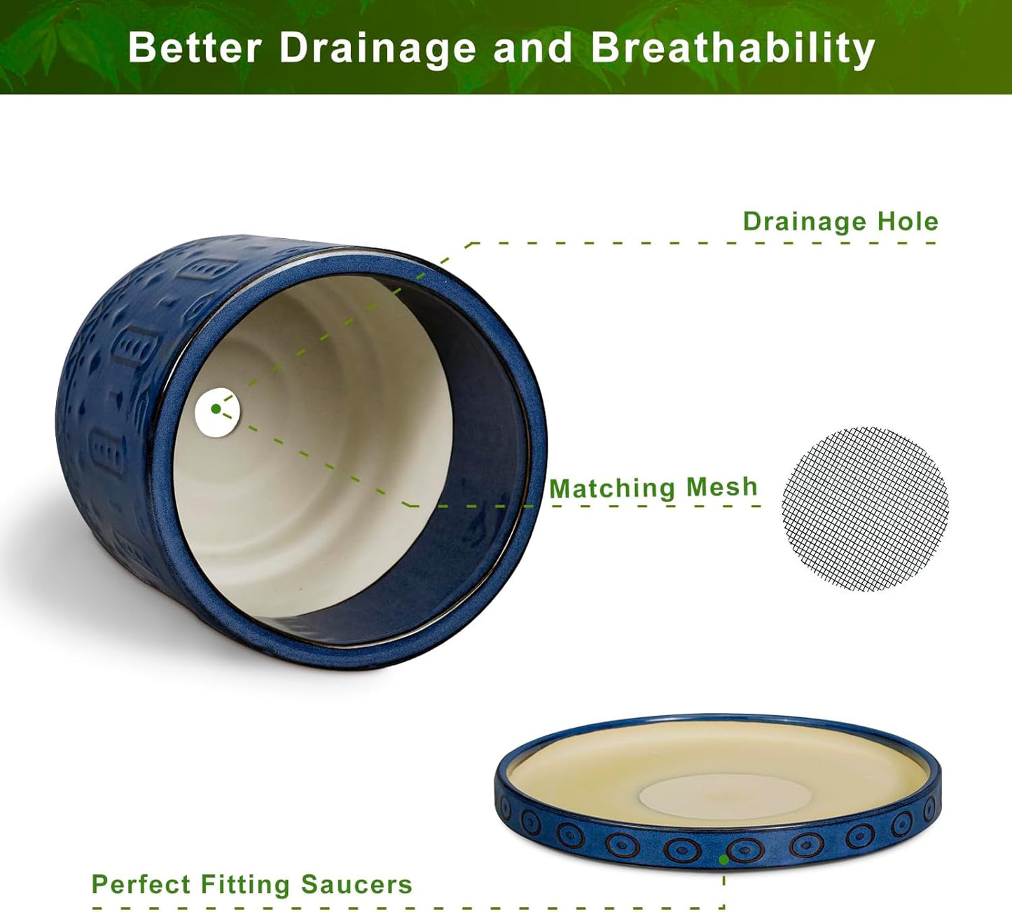 12 Inch Pot for Plants - Ceramic Planter for Indoor Plants Large Plant Pot with Drainage Holes and Saucer Outdoor Flower Pot Decorative Round Planter for Porch Office Decor Blue