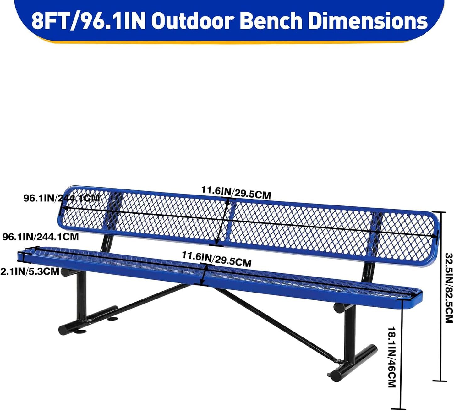 Heavy Duty Park Bench with Back Portable Frame, Outdoor Metal Park Bench with Backrest, Steel Mesh Outdoor Bench for Garden, Lawn, Patio, Porch, Park, Yard (Blue, 94.1" D x 23.2" W x 32.5" H)