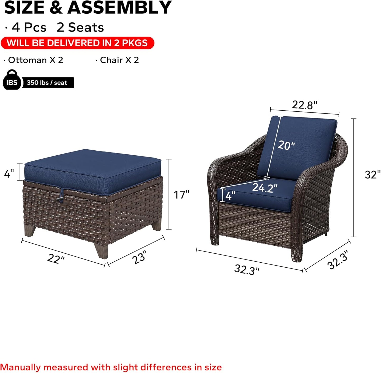 4 Pieces Patio Outdoor Conversation Furniture Set with Cushions, All-Weather Wicker Ottomans, PE Rattan 2 Chairs for Backyard, Deck, Lawn (Navy Blue)