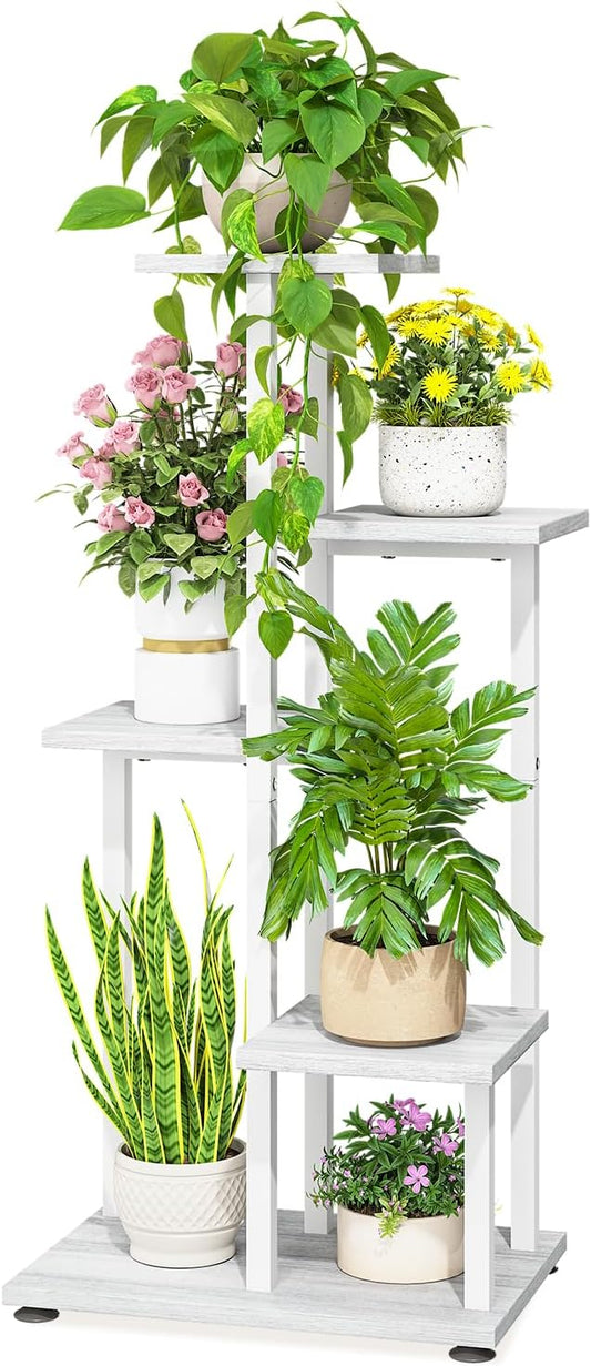 LASZOLA White 5 Tiered Wood Plant Stand Indoor for Large Heavy Duty Planter, Sturdy Multi Level Corner Vertical Flower Rack for Narrow House, Rustic Tall Orchid Shelving Holder for Decor, Space Saving