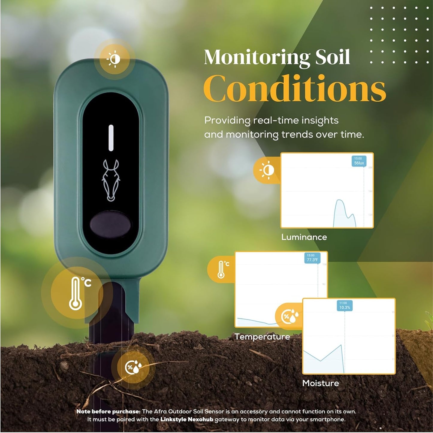 PLANTRON Afra II Smart Soil Moisture Sensor By LINKSTYLE — Includes WiFi Hub (2.4GHz wi-fi only) for Remote Access, 3-in-1 Soil Moisture, Temperature and Luminosity Tracker, Waterproof, Indoor/Outdoor